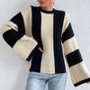 Women's Casual Stripe Patchwork Knit Sweater Round Neck Flared Long Sleeves Loose Fashion Knit Top Casual Versatile Soft Stylish Pullover Knit Coat