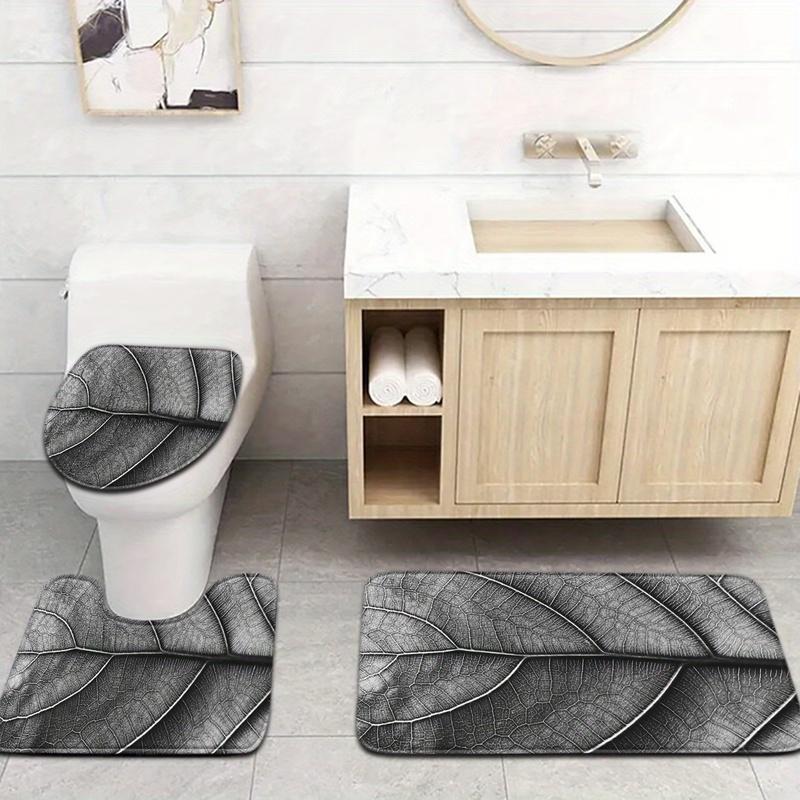 Nordic Gray Leaf Texture Bathroom Floor Mat Set 3pcs Non-Slip Absorbent Toilet Lid Cover U-Shaped Rug and Decorative Bath Mat