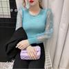 Autumn Slim Fit Elegant Mesh Panel Soft Style Short Knit Top Women's Long Sleeve
