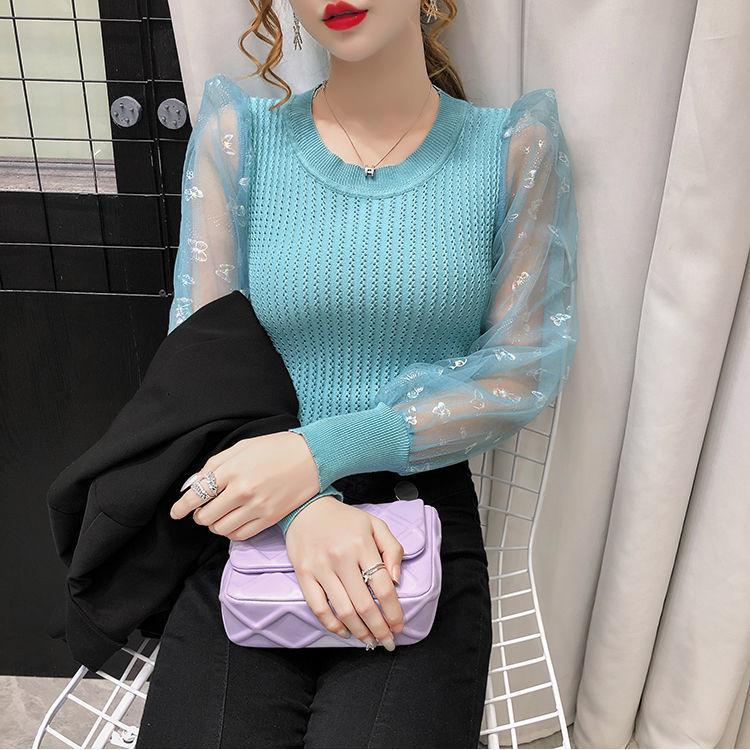 Autumn Slim Fit Elegant Mesh Panel Soft Style Short Knit Top Women's Long Sleeve