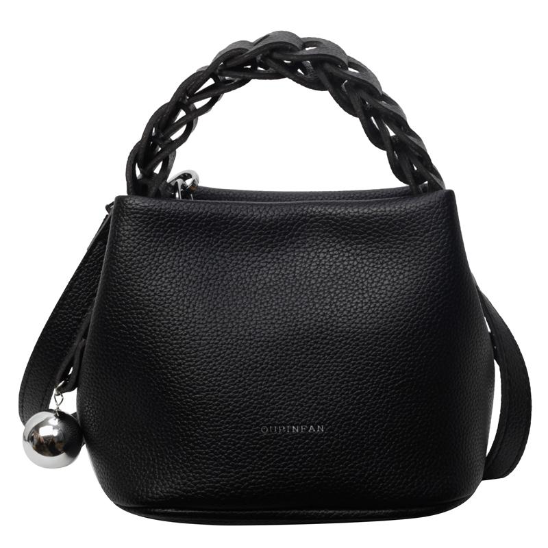 

Elegant Mini Crossbody Bag Women Leather Bucket Bag with Braided Top Handle and Ball Accent for Casual Outings 18 × 10 × 14 cm чёрный