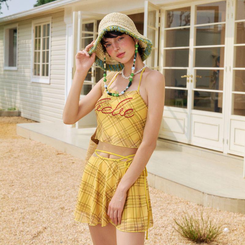 

Желтый клетчатый комплект бикини из трех частей - Европейский, американский, корейский стиль, женский купальник, на завязках, слим-фит, консервативный дизайн. XL