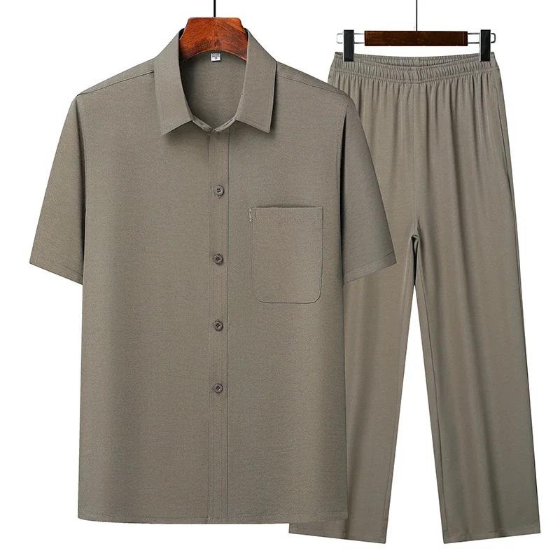 Pants Summer Leisure All Match Middle Aged Old Dad Men Fashion Trend Grandpa Loose Lapel Half Sleeve Shirt Set