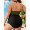 VigoJany 2026 Solid Patchwork Plus Size Swimwear Women Tied Halter Hollow One Piece Swimsuit Push Up Backless Big Bathing Suit