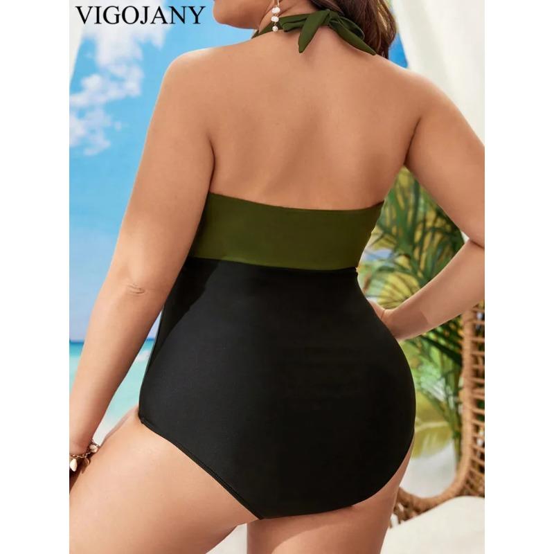 VigoJany 2026 Solid Patchwork Plus Size Swimwear Women Tied Halter Hollow One Piece Swimsuit Push Up Backless Big Bathing Suit