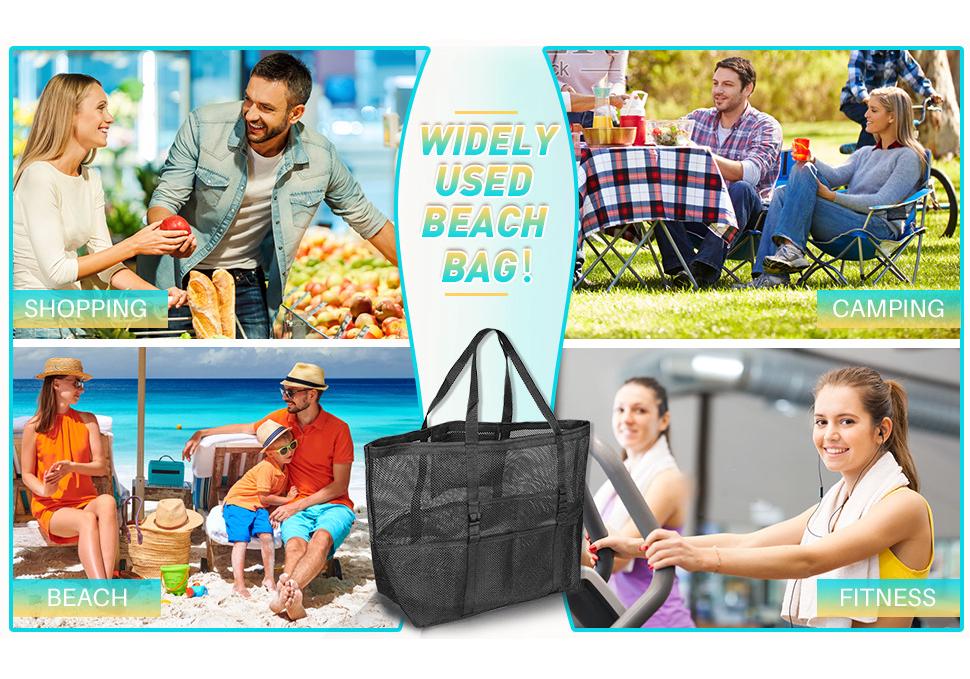 Mesh Beach Bag with 8 Pockets - Large Capacity Travel & Toy Storage Bag