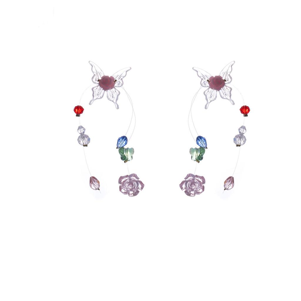 Dopamine Color Butterfly Flower Beaded Fringed Stud Earrings Summer Seaside Vacation Wind Earrings Sweet Earrings