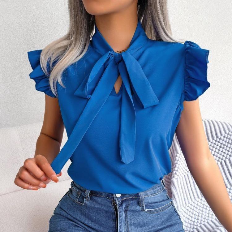 Chiffonbluse Damen Schleife Tops Schnürhemd Temperament Frühling Sommer Pendler Holzohr