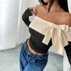New Women's Fashionable Short-sleeved Top with Long Sleeves, Open-back V-neck and Bow Tie Design.