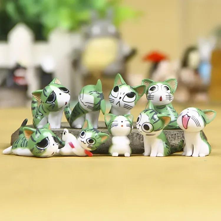 9pcs Cheese Cat Mini Ornament Sets Moss Micro Landscape Succulent Decorative Figurines Cartoon Animals Desktop Cats Craft Gifts