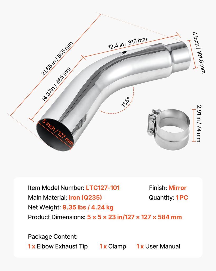 Elbow Exhaust Tip, 101.6mm Inlet, 127mm Outlet, 584mm Overall Length, Chrome Turn Down Exhaust Tip with Clamp for Truck, Sedan, Sports Car, SUV,