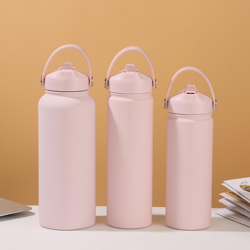 0.5-1L Stainless Steel Sports Water Bottle Wide Mouth Leakproof Insulated Flask with Detachable Straw Carry Handle Gym TravelCup