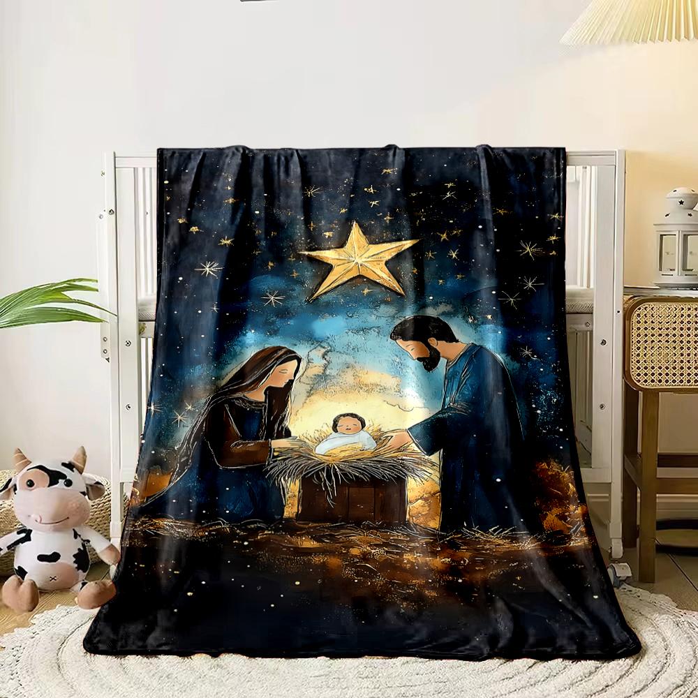 Nativity Scene with Starry Night SkyFlannel blanket for bedroom, living room, sofa, and nap