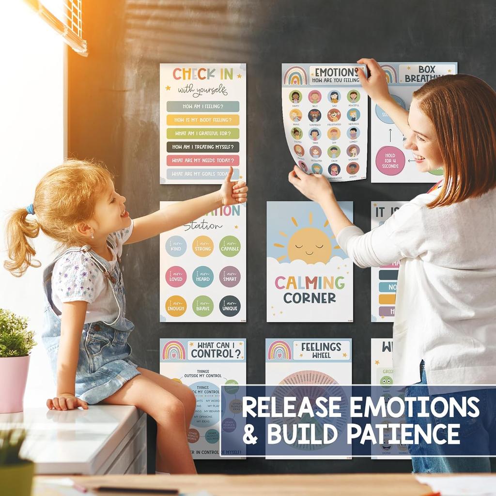 12 Boho Calming Corner Classroom Posters - Feelings Wheel Chart & Emotions Poster For Kids, Calm Down Corner Supplies For Therapy Office Decor,