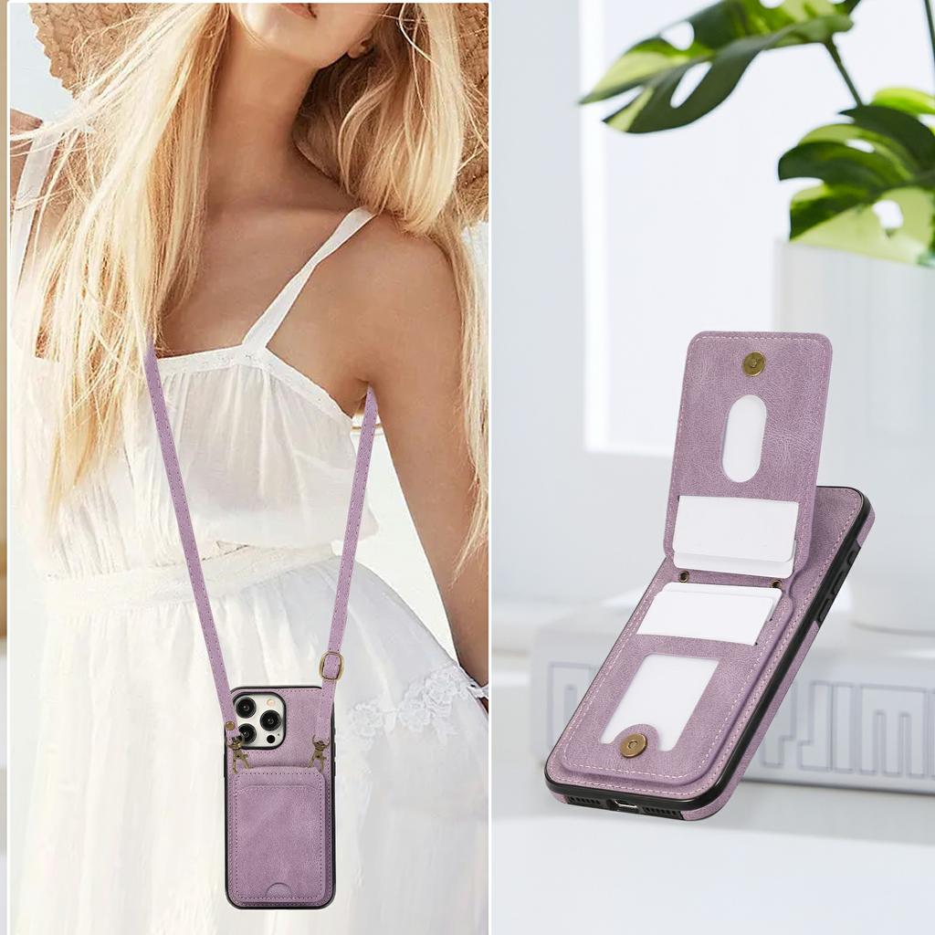For iPhone 16 Pro Case Card Holder Kickstand Leather+TPU Phone Cover with Shoulder Strap