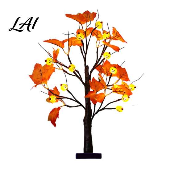 Harvest Festival Party Ornaments Halloween Maple Leaf Artificial Tree Light 12 LED Glowing Eyeballs/Ghost Battery Powered Seasonal Decorative