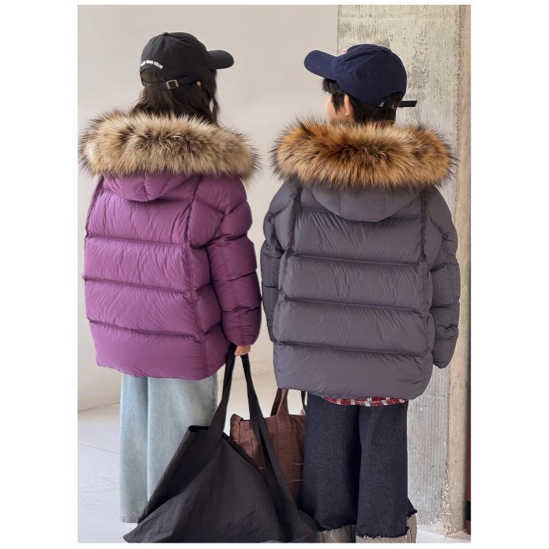 Children's Down Jacket Hooded Natural Fur Collar Winter Girls' Coat Warm White Duck Down Boys' Loose Fit Jacket
