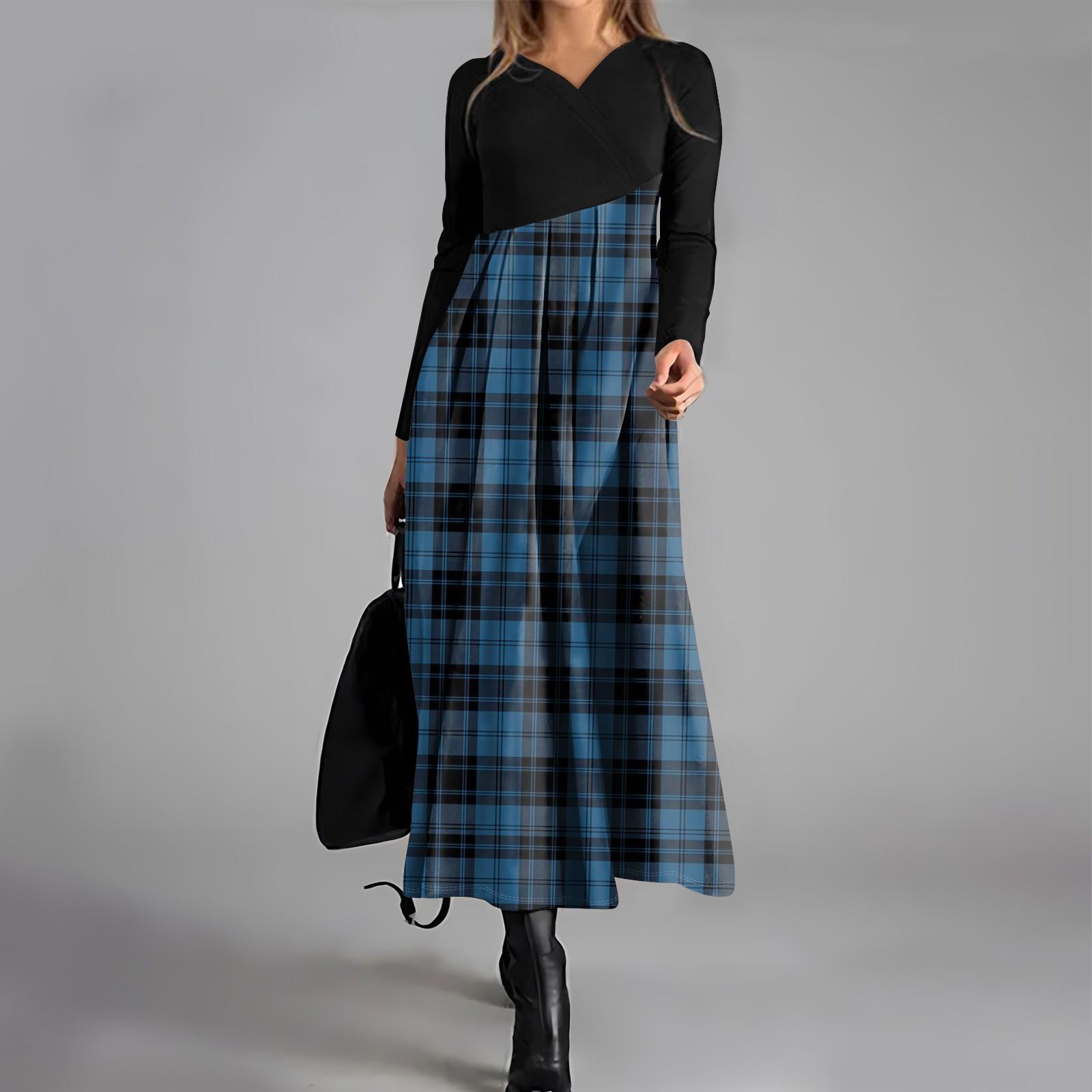 

Жіноча повсякденна сукня з V-подібним вирізом і довгими рукавами, картатим принтом, кишенею на талії та великою розкішною сукнею L синій