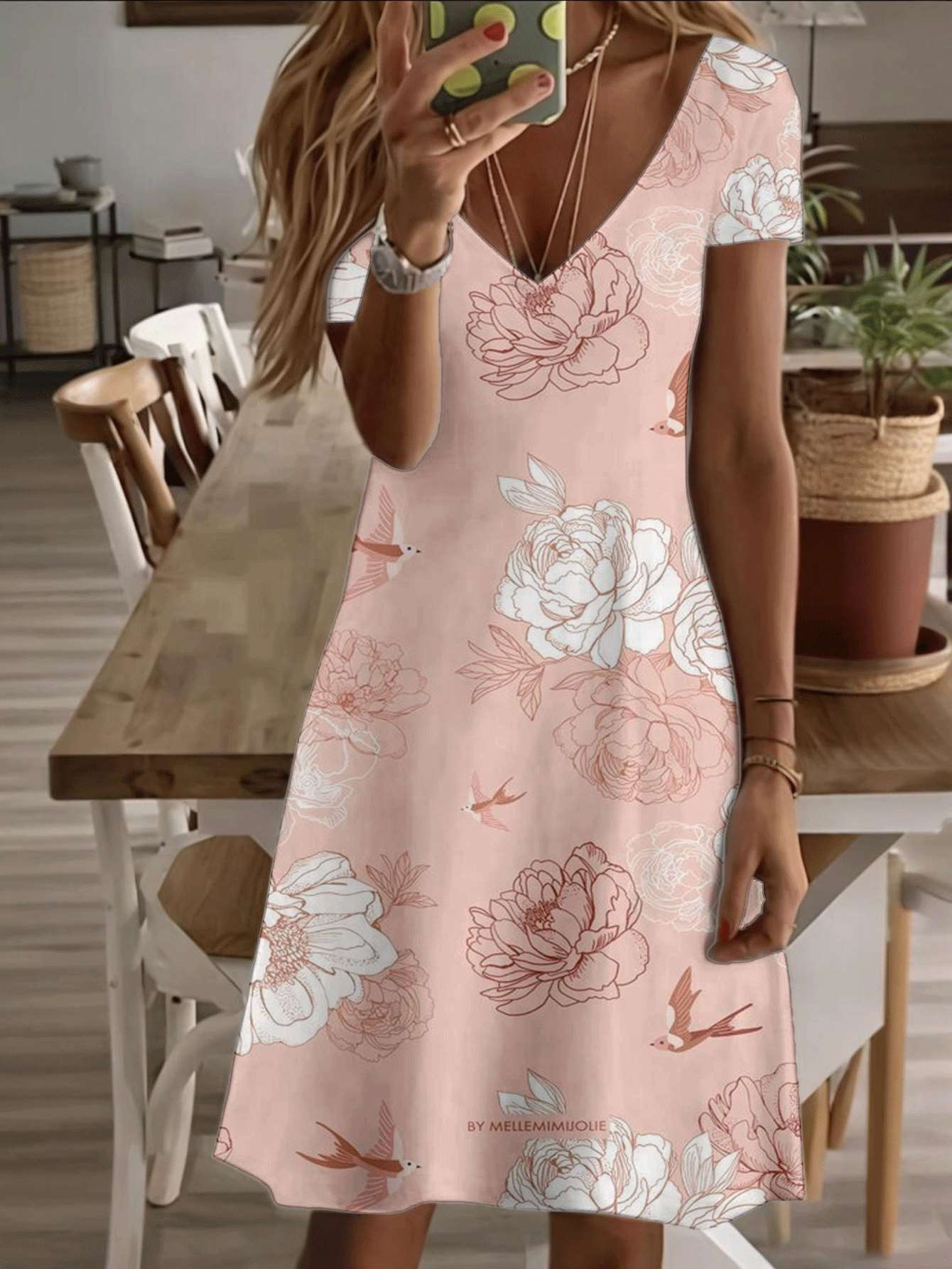 

Vneck shortsleeve midi dress peony and bird print design 3D premium floral pattern durable soft fabric elegant casual fashion for women comfortabl 6XL дубильна кора
