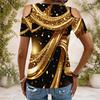 Women Plus Size Keyhole Ring Neck Cold Shoulder Short Sleeve T Shirt Skull Rose Printed Cyan Black