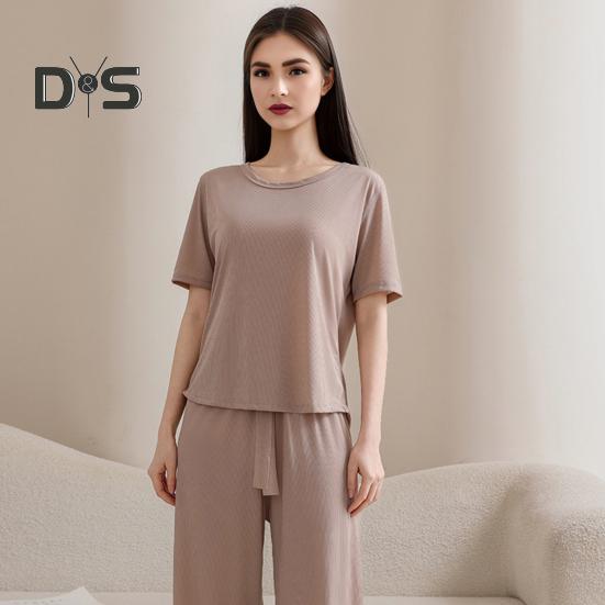 Women's Summer Pajama Set Round Neck Short Sleeve Top And Pants Sleepwear Set Casual Loose Two Piece Lounge Set