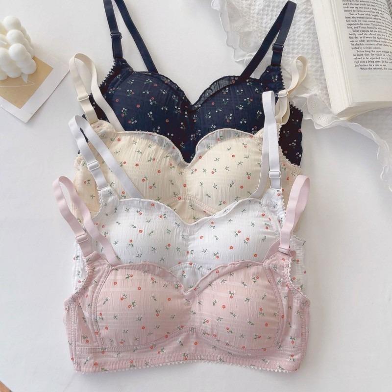 Underwear Women's Japanese Small Fresh Floral No Steel Ring Small Chest Gathering Comfortable Breathable Thin Girl Student Bra Cover