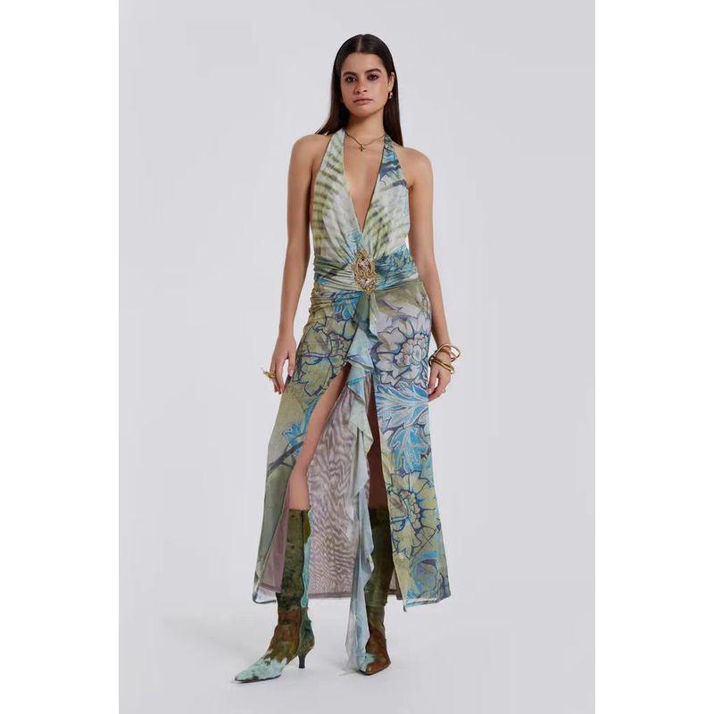 Jaded London Sex Sexy Sense Retro Print Beaded Low Cut Deep V-neck Backless Vacation Halterneck Long Dress