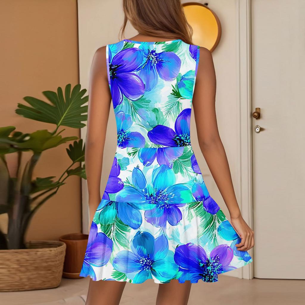 Women's Fashion Casual V-Neck Sleeveless Floral Print Pleated Hem Dress