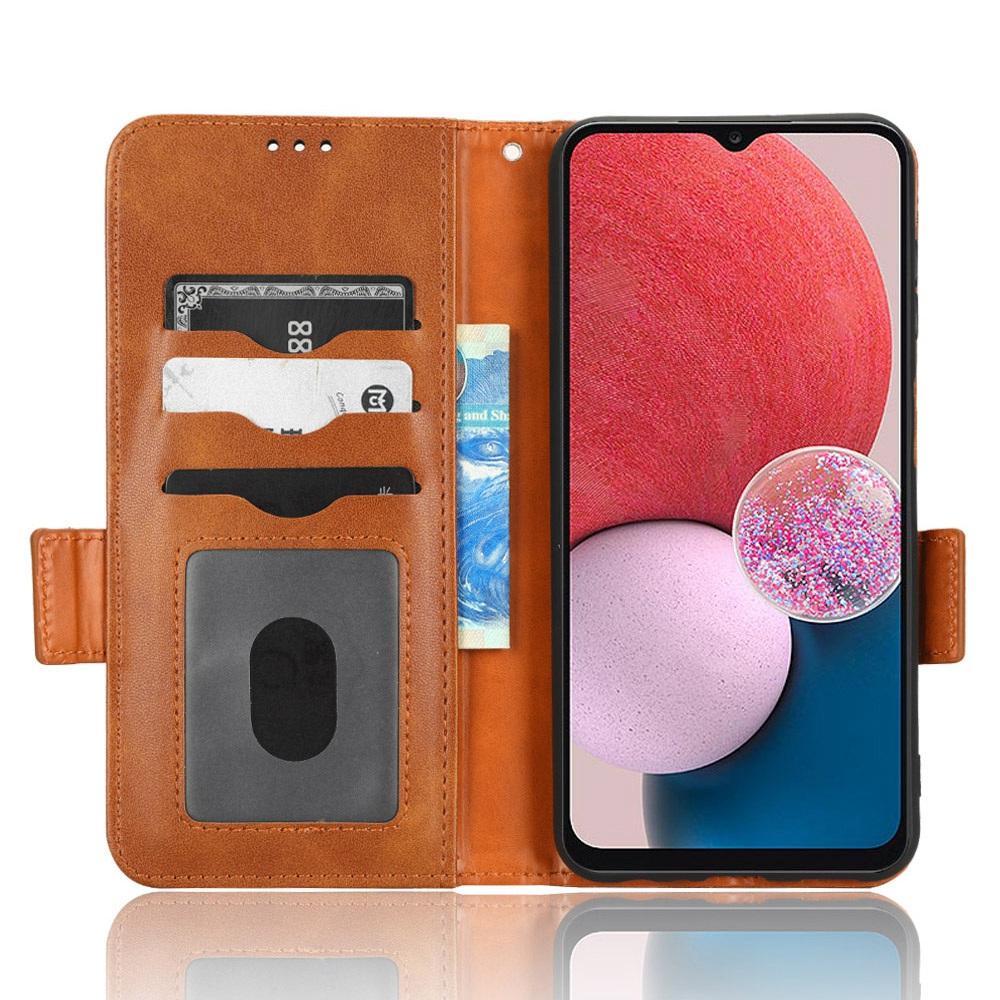 

For Samsung Galaxy A13 4G Imprinted Triangle Pattern Anti-scratch PU Leather Case Wallet Foldable Stand Phone Cover Brown