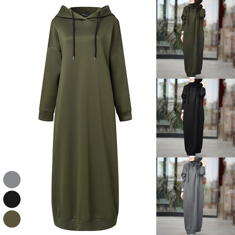 Muslim Dress Women Sweatshirt Dress Stylish Hoodies Long Sleeve Maxi Dress Female Casual Solid Hooded Vestidos Robe S-3XL