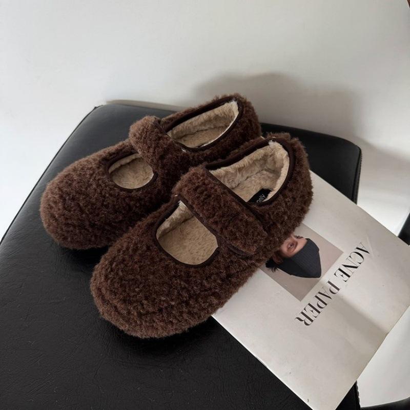 

Леопардовый принт Мэри Джейн пушистые туфли женские зима 2025 новые уродливо милые хлебные хлопковые туфли на липучке плоские плюшевые одинарные туфли 40 темно-коричневого