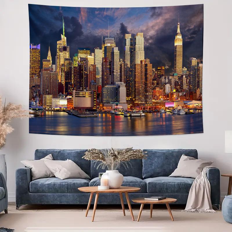 Urban Night View Hanging Cloth  Modern City Skyline Decorative Hanging Painting
