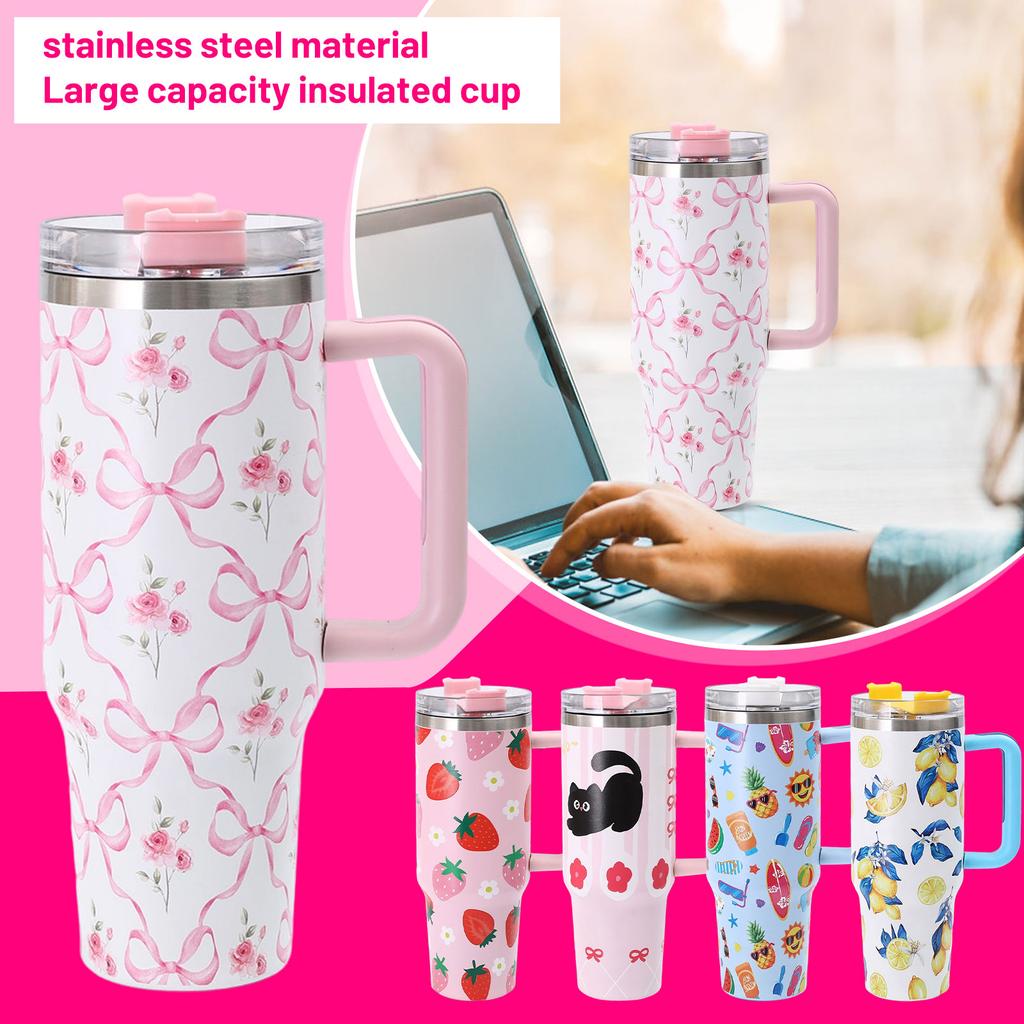 40oz Edelstahl Thermobecher mit Griff - Reisebecher für Auto mit auslaufsicherem Strohdeckel, doppelwandige Vakuumtasse für heiße & kalte Getränke, -frei