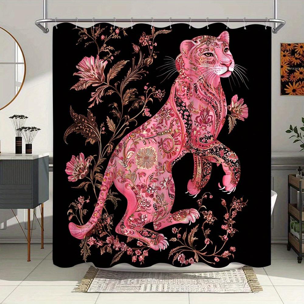 

Elegant Pink Panther With Floral Patterns Waterproof Shower Curtain For Bathroom Decor, Modern Art Design, Vibrant Colors W60H190(CM)-1 Pcs