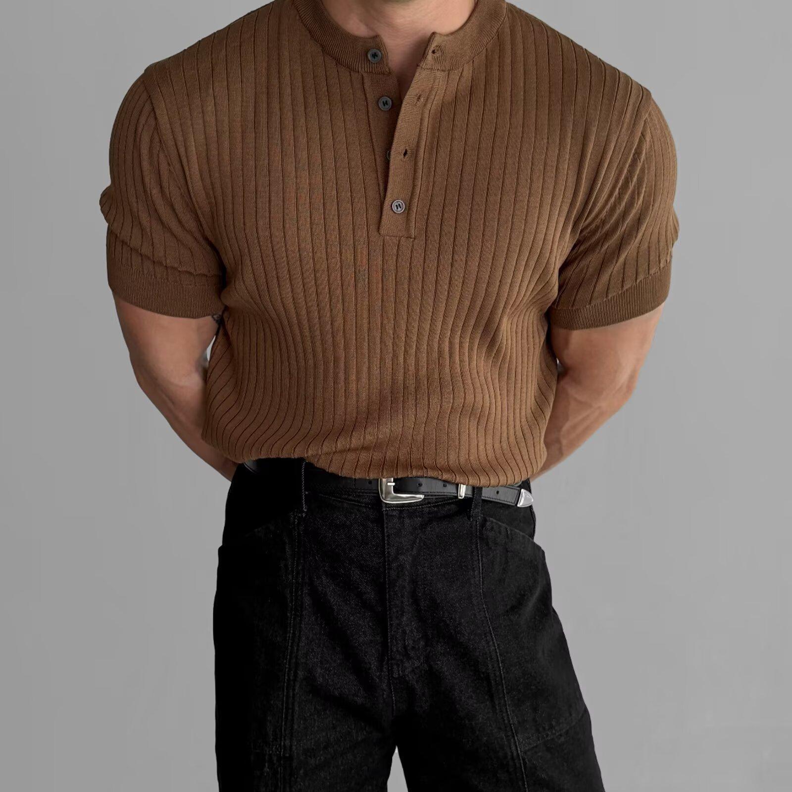 Мужская приталенная рубчатая рубашка-henley с коротким рукавом, на пуговицах, повседневная, для мышц M