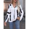 Women Black White Abstract Print V Neck Roll Tab Long Sleeve Casual Blouse