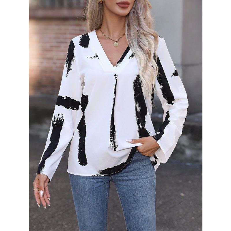 Women Black White Abstract Print V Neck Roll Tab Long Sleeve Casual Blouse