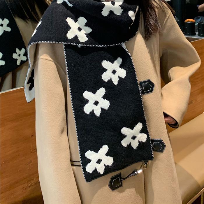 Versatile Double-sided Flower Knitted Scarf Women's Autumn and Winter New Warm Student Scarf Trendy Wool Shawl