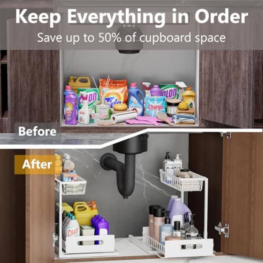 Under Sink Organizers and Storage 2 Tier Slide Out Kitchen Cabinet Organizer Sturdy Metal Bathroom Storage White 2 Pack
