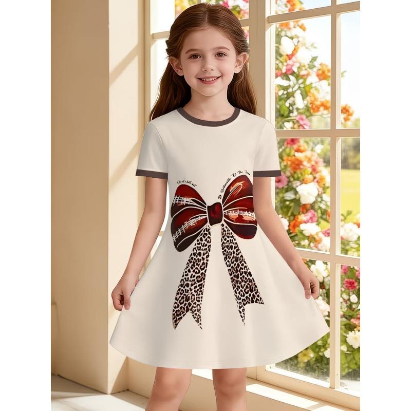 Girl Dresses Short Sleeve Summer Dress Bowknot Heart Print Hawaiian Vacation Beachwear Dress Outfits Bonfire Girls Party Dresses