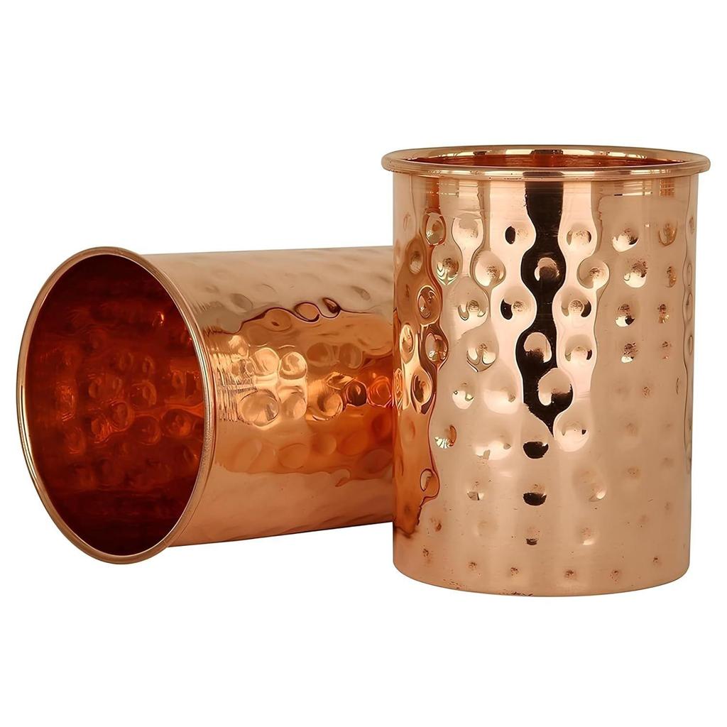 Pure Copper Hammered Tumbler 300ml | Ayurvedic Drinking Glass for Water | Traditional Handcrafted Copper Utensil – 2Pcs Set