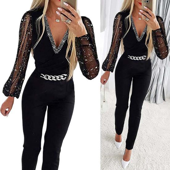 Women Jumpsuit Rhinestone See-through Mesh Chain Decor Slim Fit V Neck High Waist Solid Color Formal Commute Style Long Jumpsuit
