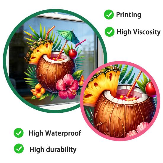 Summer Beach Window Cling Reusable Coconut Drink Pineapple Flower Static PVC Sticker Removable Hawaiian Tropical Theme Glass Decals for Living Room