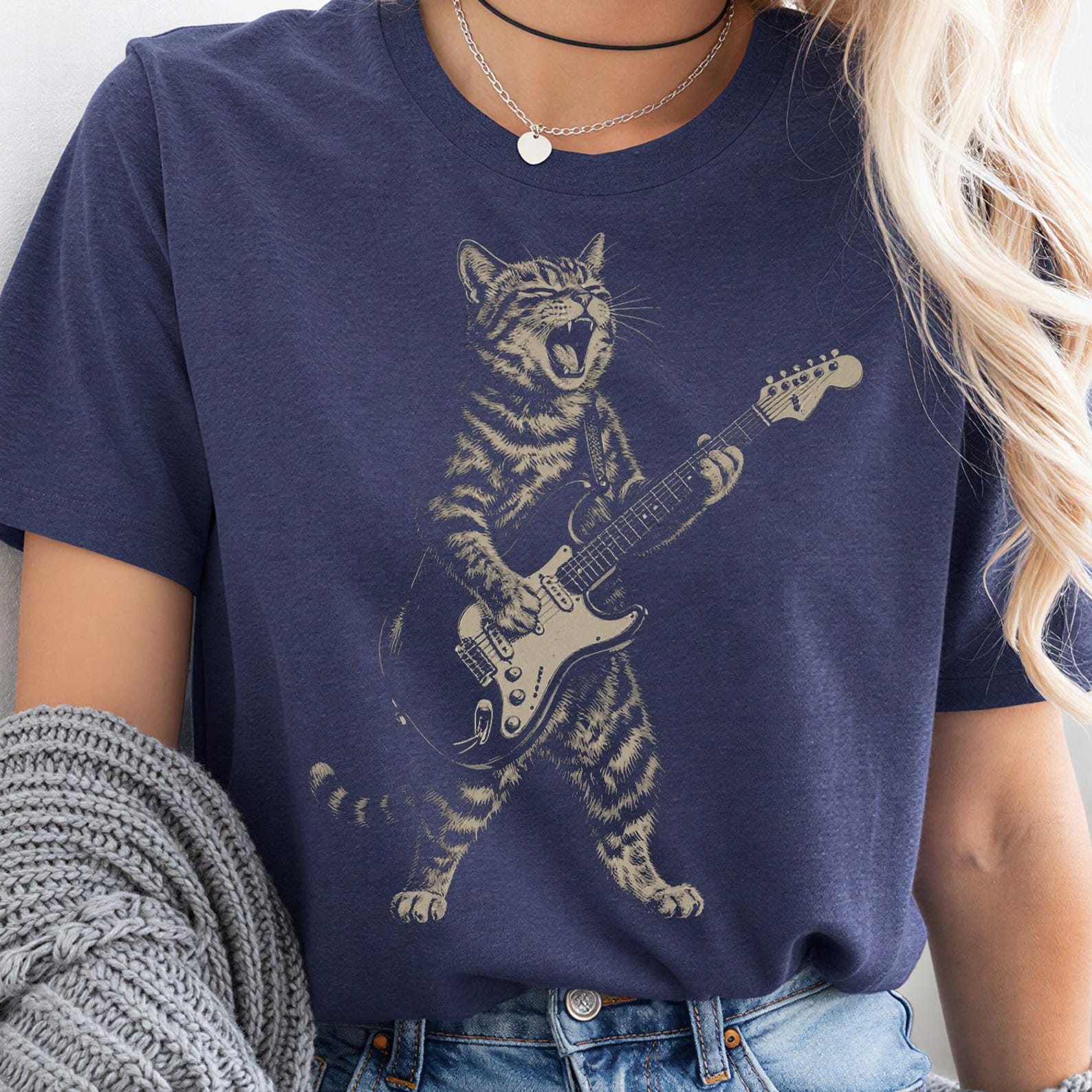 Cat Guitar T-Shirt, Vintage 90s Cat Guitar Tee, Retro Music Cat Shirt, Cute Cat Playing Guitar Graphic Tee, Washed Unisex Shirt, Cat Lover G M