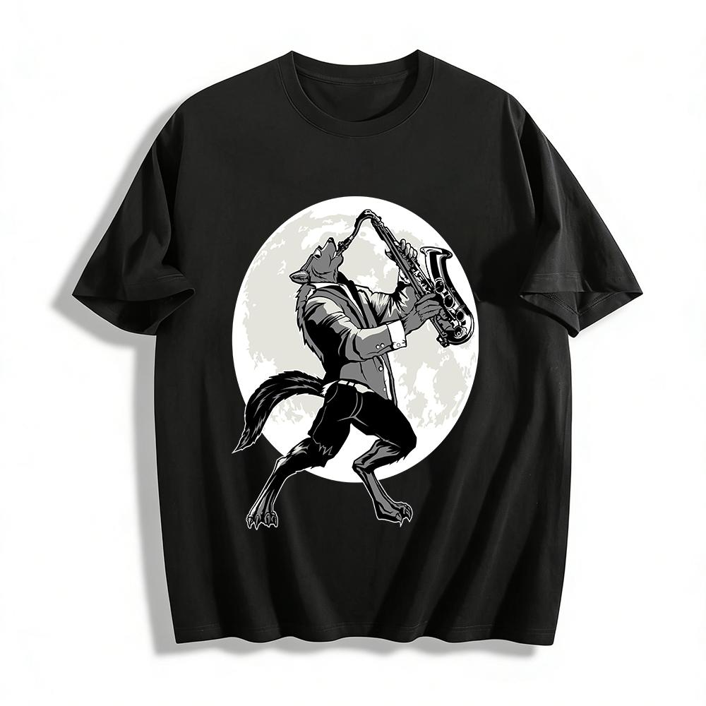 Vintage Werewolf Playing Saxophone Cool Print Casual Top Pure cotton T-shirt XXS