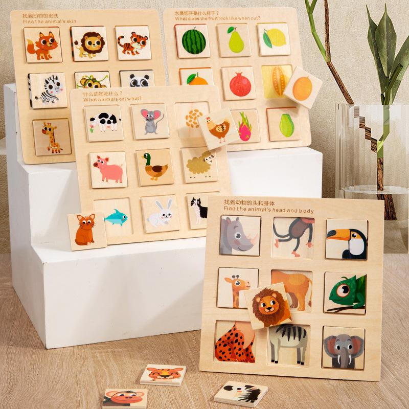 Montessori Wooden Logic Thinking Pairing Puzzle Cognitive Board - Fruit & Animal Matching Educational Enlightenment Game