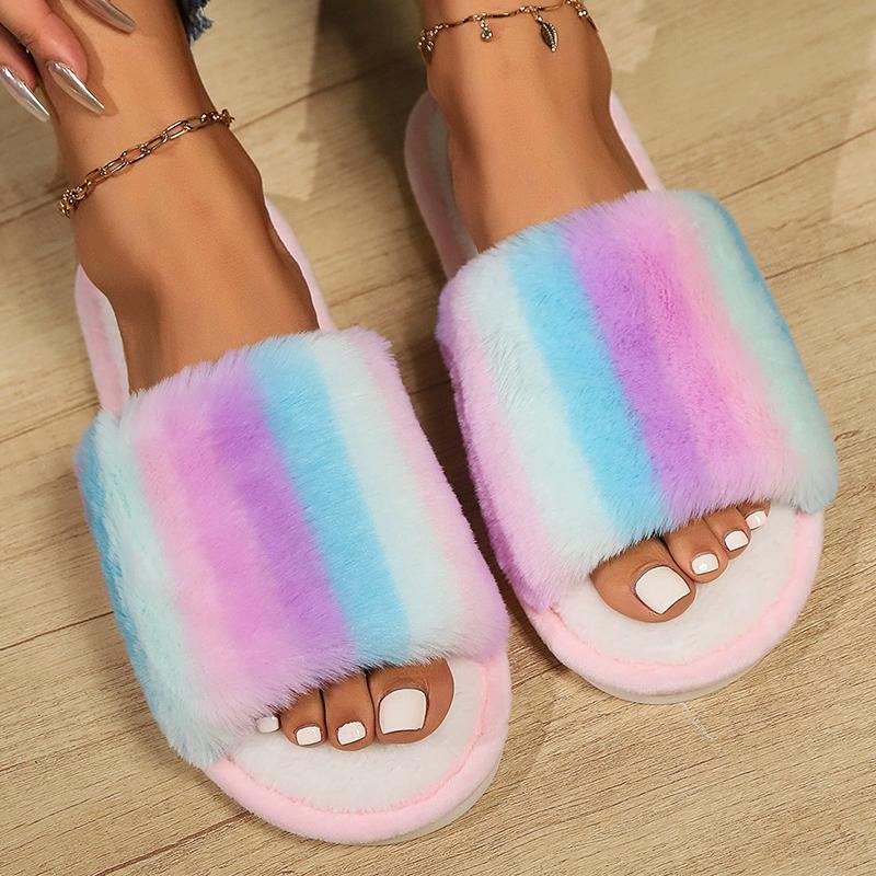 Fashion Mix Color Plush Home Slippers for Women 2025 Winter Open Toe Anti Slip Cotton Slippers Woman Indoor Flat Heel Plush Slides Lady