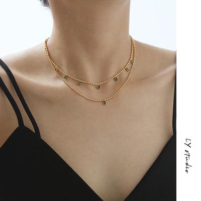 Cadena de Cuentas Redondas, Collar de Zirconia Cuadrada Esmeralda, Estilo Bosque, Exquisito, Atmosférico, Retro, Hermoso y Fresco Collar para Mujer