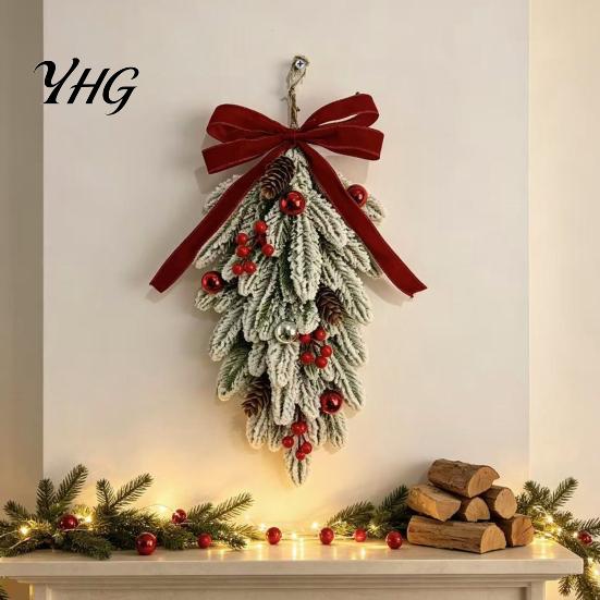 Indoor Outdoor Festive Wreath Flocked Christmas Teardrop Swag for Front Door, Artificial Pine with Red Decorations Shop Berries Velvet Bow,