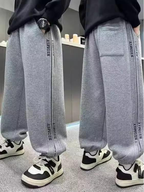 Baumwoll-Jogginghose für Jungen - Grau/Schwarz, Lässige Sportbekleidung für Frühling & Herbst, Größen für mittelgroße & große Kinder